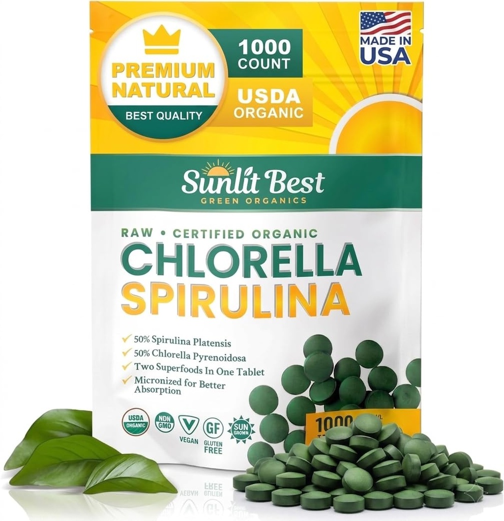Sunlit Best Chlorella Spirulina Tablets - Økologisk USDA, Premium Spirulina og Chlorella Tablets 1000 Count - Sun Chlorella Pure Natural Superfood med Alger, Enzymes Chlorophyll & Vegan Protein