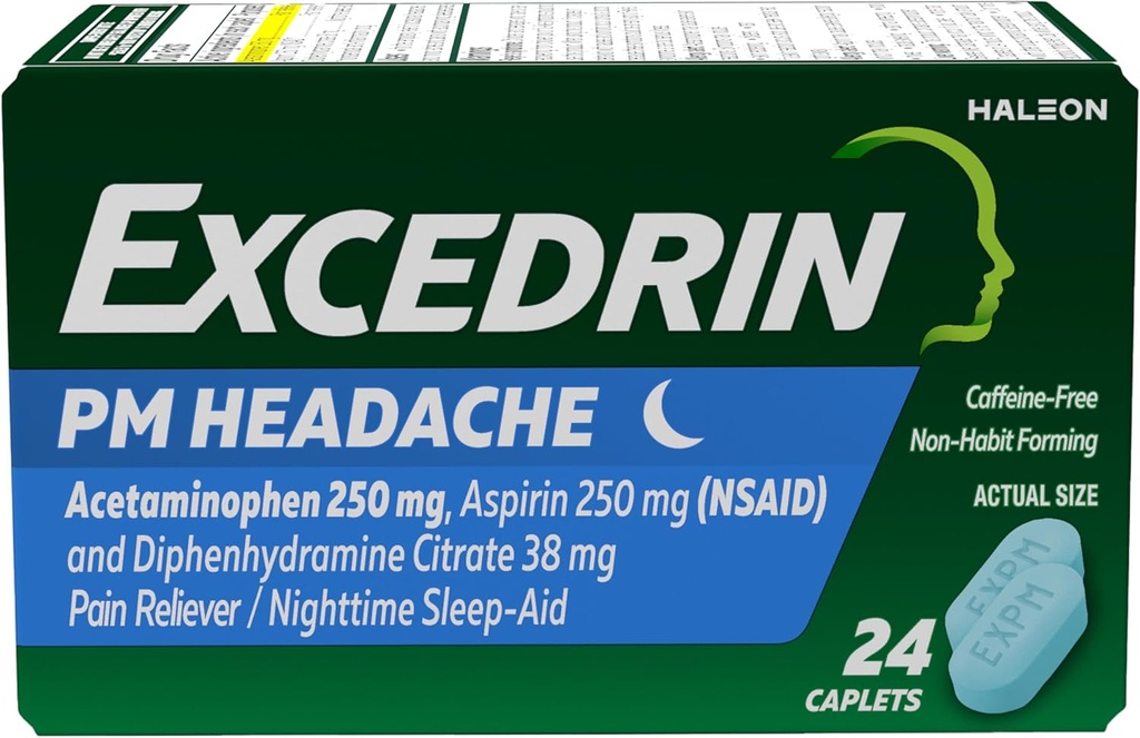 Overskridelse PM for hovedpine Relief, Acetaminophen 250 mg, Aspirin 250 mg, Diphenhydramin Citrate 38mg, Pain Reliever, Nighttime Sleep- Aid, 24 Greve