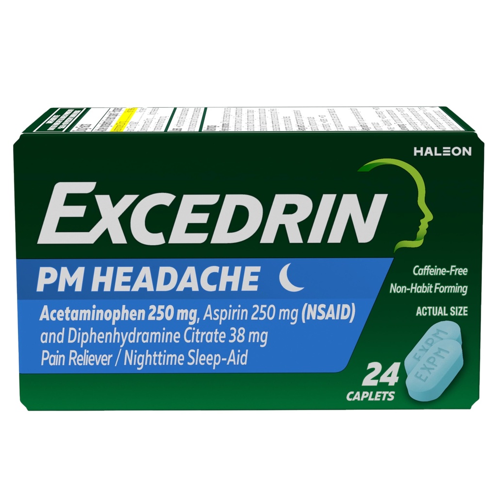 Overskridelse PM for hovedpine Relief, Acetaminophen 250 mg, Aspirin 250 mg, Diphenhydramin Citrate 38mg, Pain Reliever, Nighttime Sleep- Aid, 24 Greve
