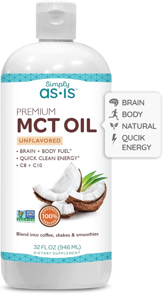 AS- IS Simply Premium MCT Oil C8 & C10; Unflavored • 124; 100% fra non-GMO kokosnødder • 124; Perfekt til morgen kaffe • 124; Quick Clean Energy • 124; 32 fl oz (63 Servere)