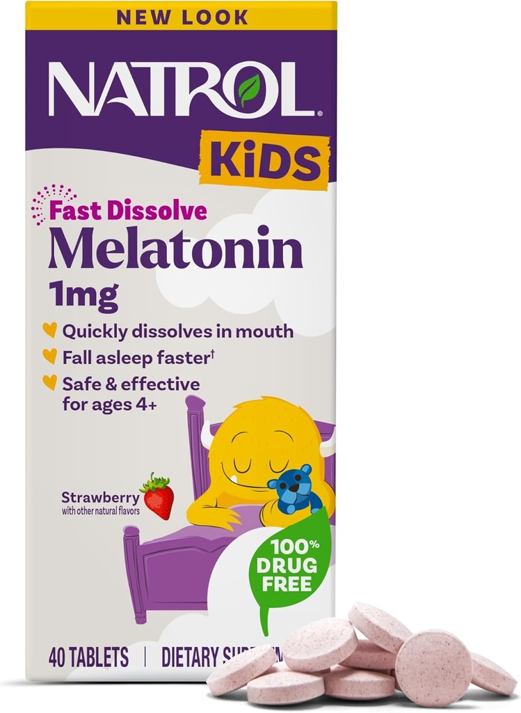 Natrol Kids Fast Dissolve Melatonin 1 mg, Dietary Supplement for Restful Sleep, Sleep Tablets for Kids, 40 Strawberry-Flavored Melatonin Tablets, 40 Day Supply