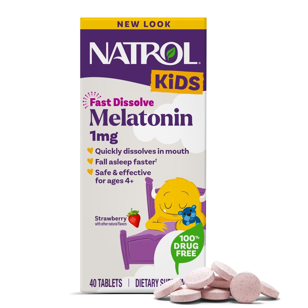 Natrol Kids Fast Opløs Melatonin 1 mg, Kosttilskud til restaured Sleep, Sleep Tablets for Kids, 40 Strawberry- Flavored Melatonin Tablets, 40 Day Supply