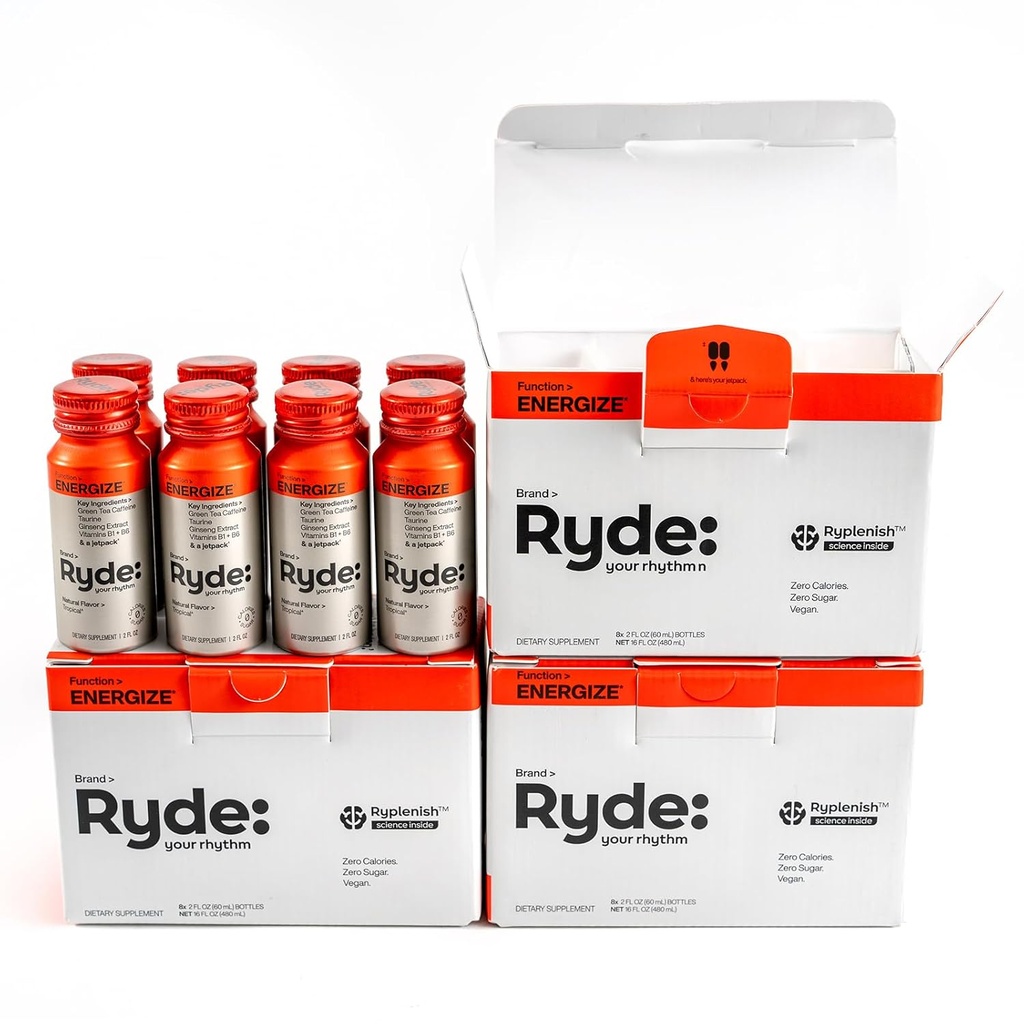 Ryde: Energize Shot Dex124; Tropical Flavor Dex124; Green Tea Coffein, Taurine, Ginseng Extract & B Vitamin Dex124; 0 Kalorier, 0 Sukker Dex124; 2 FL OZ Skud Dex124; Øger energi * (24 Pack)