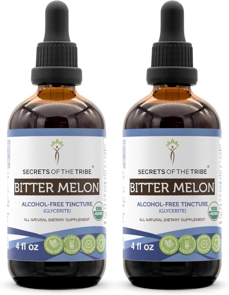 Secrets of the Tribe Bitter Melon USDA Organic Mezzogiorno 124; Alcohol- Free Extract, High- Potency Herbal Drops Mezzogiorno 124; Lavet af 100% Certified Organic Bitter Melon (Momordica Charantia) Tørret frugt (2x4 oz)