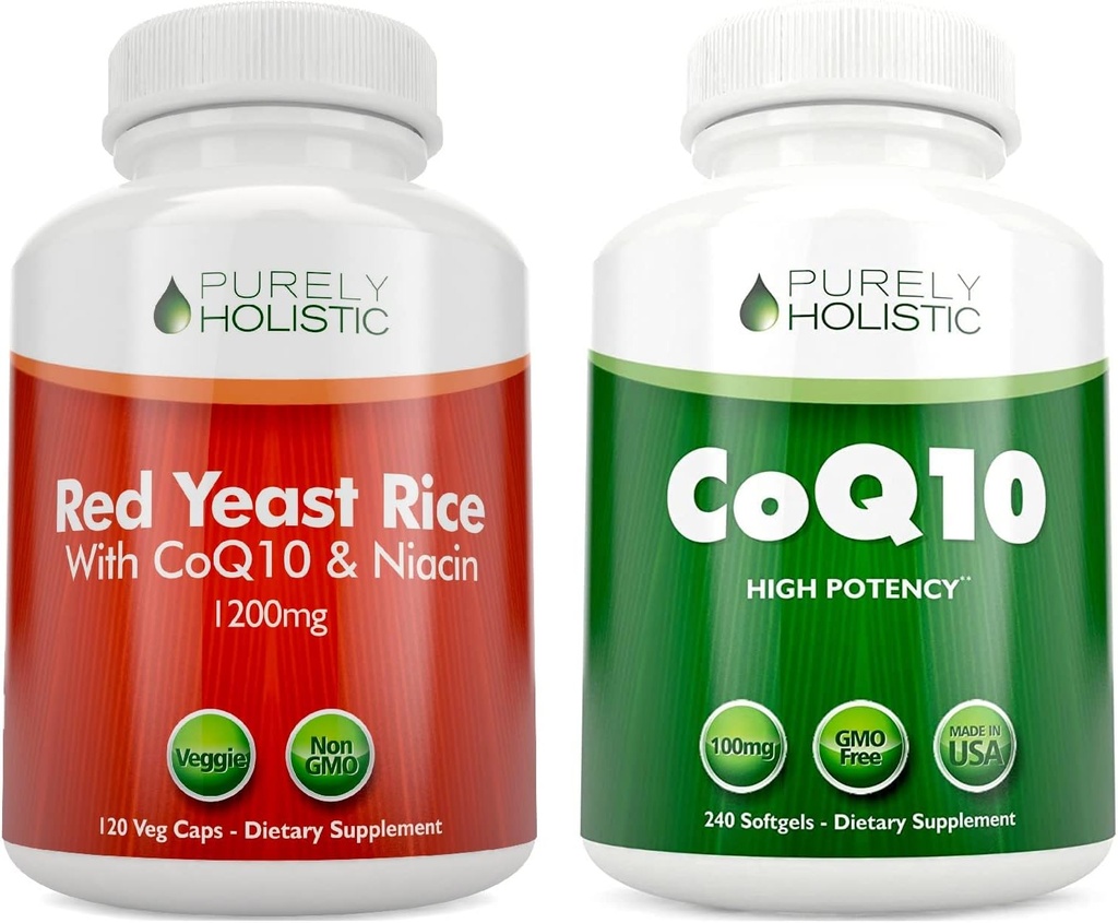 Rent Holistisk Rød Gær Rice 1200mg & Niacin + CoQ10 100mg - 120 Kapsler & 240 Softgels Bundle - Made in USA