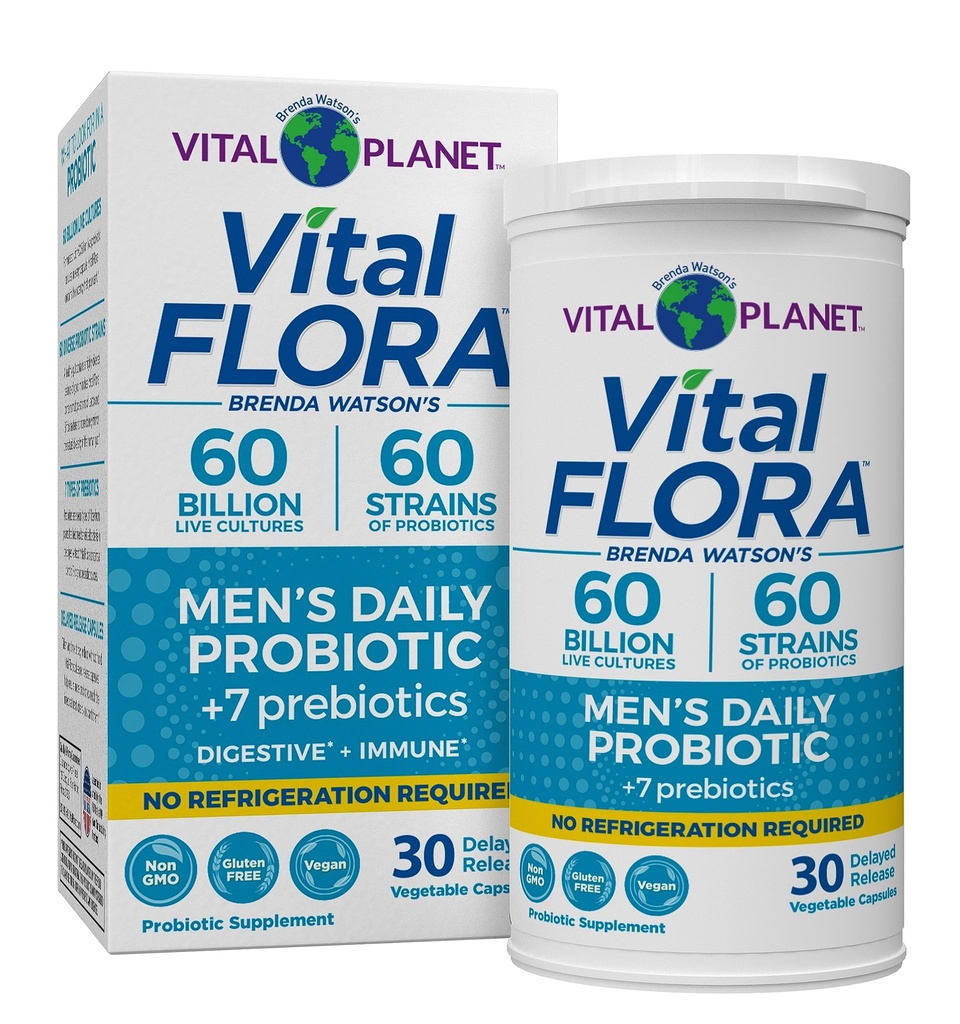 Vital Planet - Vital Flora Probiotika til mænd, 60 Millioner CFU, 60 Diverse Strops, 7 Organic Prebiotika, Mænds Daglig Hylde Stabil Probiotika til immunforsvar, Gas Relief, fordøjelsessygdomme 30 Kapsler