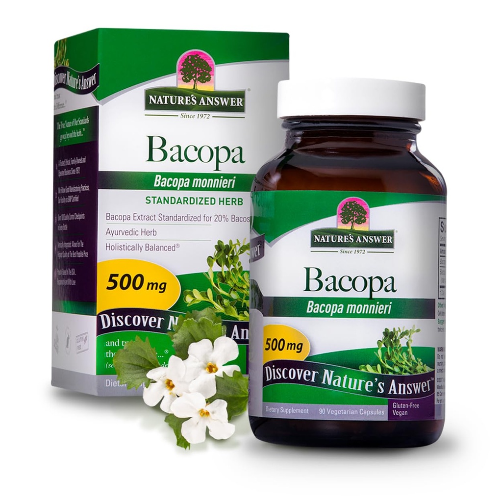 Nature's Answer Bacopa Monnieri | Helps Improve Memory | NON-GMO| No Preservatives | Gluten-Free, Vegan & Vegetarian – 500mg (90 Capsules)