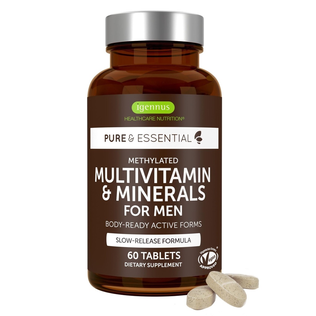 Igennus Methylerede Mænds Multivitamin med 22 Actives, All- Day Nutrient Levering, Pure & Clean, Methylfolat & Methylcobalamin, High Strength MTHFR Supplement, Non- GMO & Halal, 60 tabletter