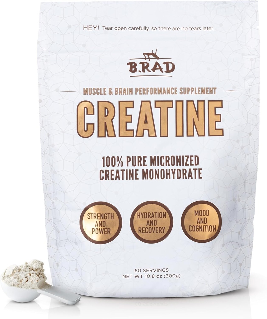 B.rad 100% Pure Mikroniseret Creatin Monohydrat Pulver • 124; Natural, ingen tilsætningsstoffer • 124; øger muskel styrke, inddrivelse & ydeevne • 124; understøtter hjerne sundhed • 124; 300g, 60 Servere