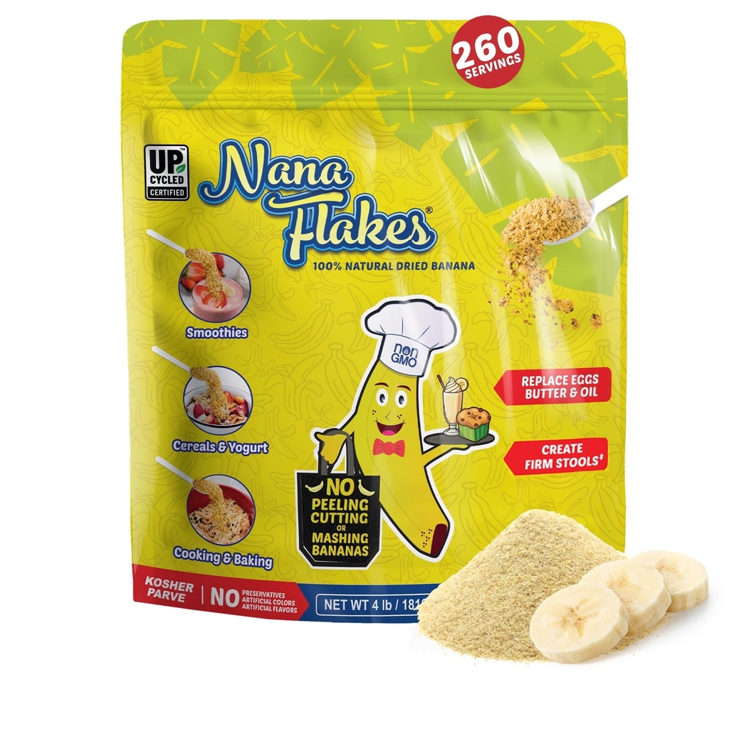 Nana flakes 100% Pure Banana flakes Food Powder 4 lbs - Great Source of Kalium & Fiber, for fordøjelsessygdomme & Lejlighedsvis Diarré, Meal Thickening - Natural & Linding (4 lbs Bag)