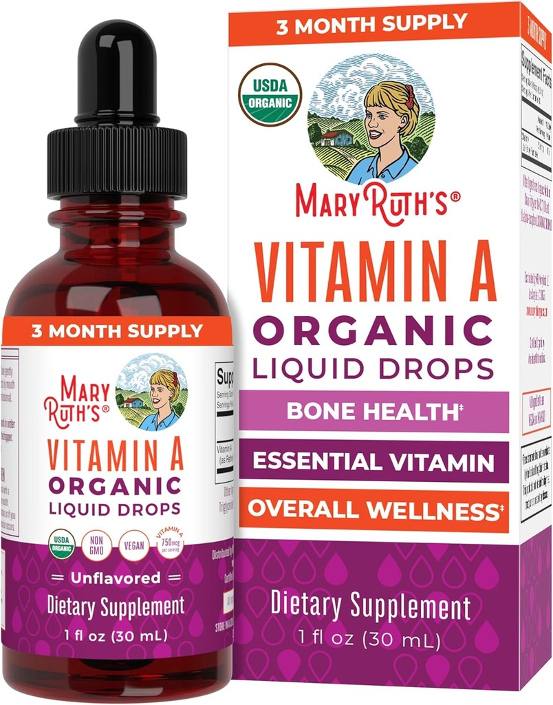 MaryRuth Organics USDA Organic Vitamin A Liquid Drops Measures 124; 3 Months Supply Measures 124; Bone Health for Age 14 + Measures 124; Essential Vitamin Measures 124; Sugar Free Measures 124; Vegan Measures 124; Non- GMO Measures 124; Gluten Free Measures 124; 1oz