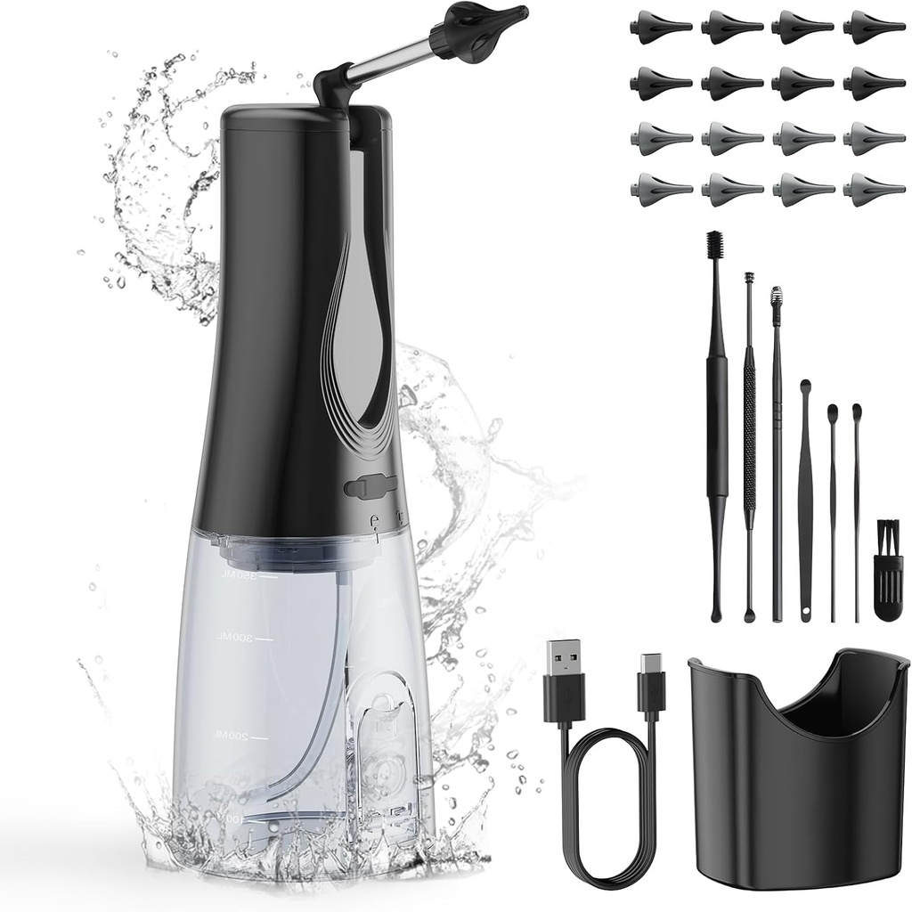 Ear Wax Removal Cleaning Kit - BANKKY Electric Ear Cleaner med 7 stk Øre Pick & 16 udskiftelige Earts og 3 rensemidler, vand drevet kunstvanding Kit til voksne & børn, Sikker & effektiv