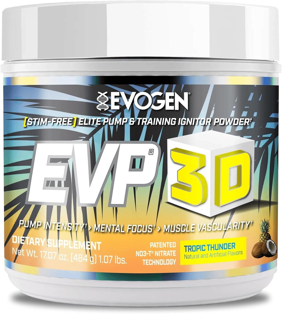 Evogen EVP 3D - Stim Free Pre Workout Powder for Men & Women | Sugar Free Non Stim Preworkout with Beta Alanine and Creatine for Energy & Pump | Tropic Thunder | 40 Servings