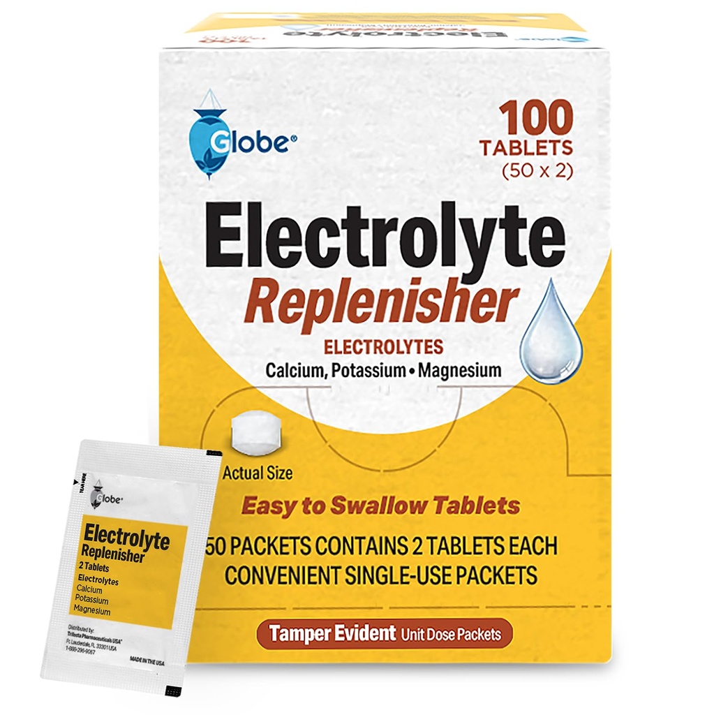 Globe Electrolyte Erstatningstabletter til Rehydrering, Motion Inddrivelse, Unge & Voksne Atleter, Vandreture, Camping, & Sports Inddrivelse og mere... 50 Pakker af 2 Tabletter Hver, 100 Greve