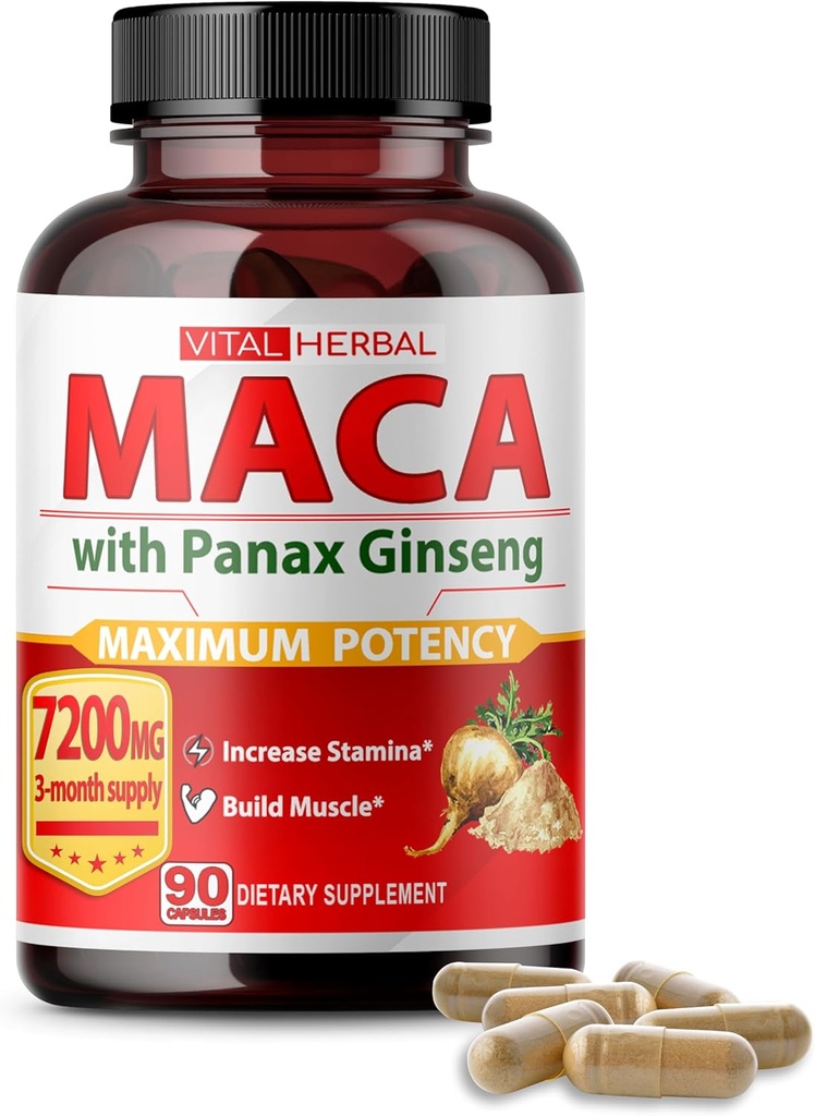 Vital Herbal Maca Root Complex med Ashwagandha, Tongkat Ali, Tribulus, Horny Goat Weed & Panax Ginseng - Herbal Support for Energy & Performance - 90- Day Supply