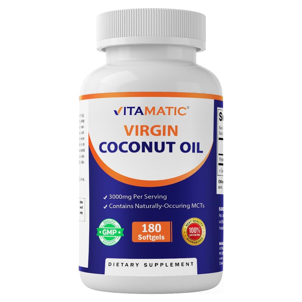 Vitamatic Virgin Coconut Oil Softels, 3000 mg Per Servering, 60 Servering, 180 Greve, Non- GMO, Gluten Free
