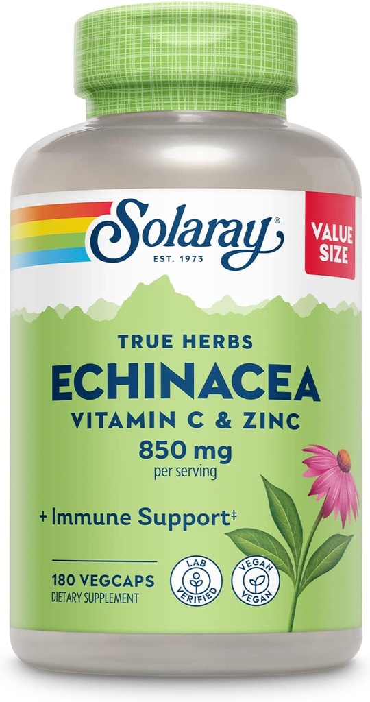 SOLARAY Echinacea Vitamin C & Zink 850mg Plus Bioflavonoider, Echinacea kapsler til sund immunforsvar, Vegan, Lab Verified, 60- Day Money- tilbage garanti, 90 Servere, 180 VegCaps
