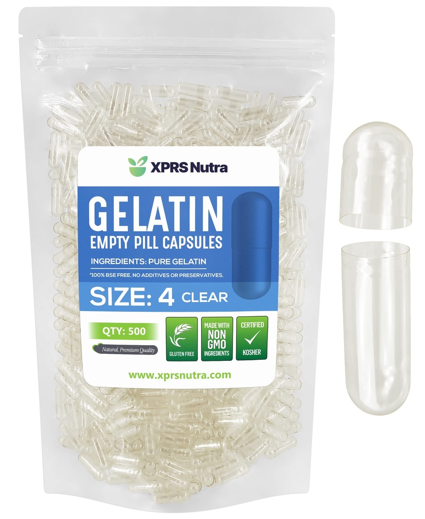 XPRS Nutra Størrelse 4 Tomme kapsler - 500 Tomme små tomme gelatine kapsler - Piller selv Capsule Fyldning - Fyldelig Pure Bovin Pill Gel Caps til Do- It- Yourself Kosttilskud
