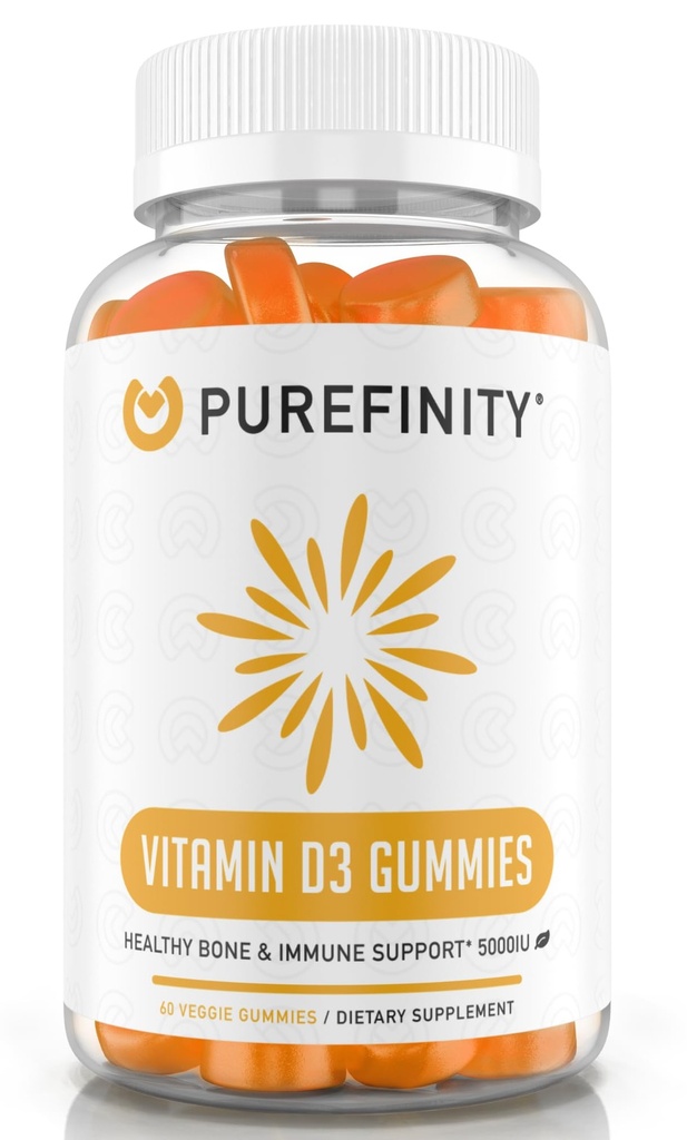 PUREFINITY Vitamin D3 5000 iu Gummies - din daglige D-vitamin supplement til ben sundhed, immunforsvar, og fælles muskelstøtte til voksne & børn - Gluten Free, Non- GMO - 60 Veggie Gummies