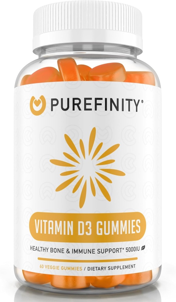 PUREFINITY Vitamin D3 5000 iu Gummies - din daglige D-vitamin supplement til ben sundhed, immunforsvar, og fælles muskelstøtte til voksne & børn - Gluten Free, Non- GMO - 60 Veggie Gummies