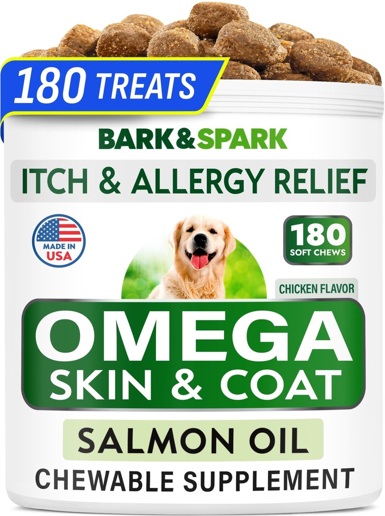 BARK & SPARK Omega 3 for hunde - 180 Fish Oil Treats for Hund Shedding, Hud Allergi Tyg, Itch Relief, Hot Spots Treatment - Fælles sundhed - Hud og Coat Supplement - EPA & DHA fedtsyrer - Lakseolie