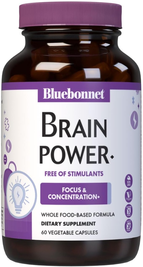 Bluebonnet Nutrition BrainPower - Whole Food- Based Nootrop Blend - for Brain Health * - Non-GMO, Vegan - Free of Gluten, Dairy, Soy & Stimulants - 60 Vegetabilske kapsler, 30 Servere