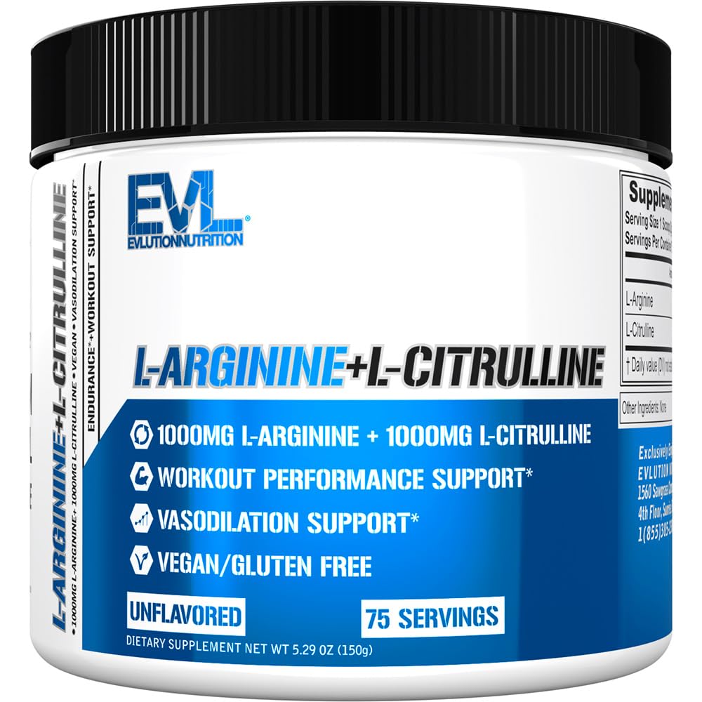 Evolution Nutrition L- Arginin + L- Citrullin - Endurance + workout Performance Supplement - 2000mg Complex - Vasodilation + nitrogenoxid Support - Vegan + Gluten Free Powder - 75 Serveringer