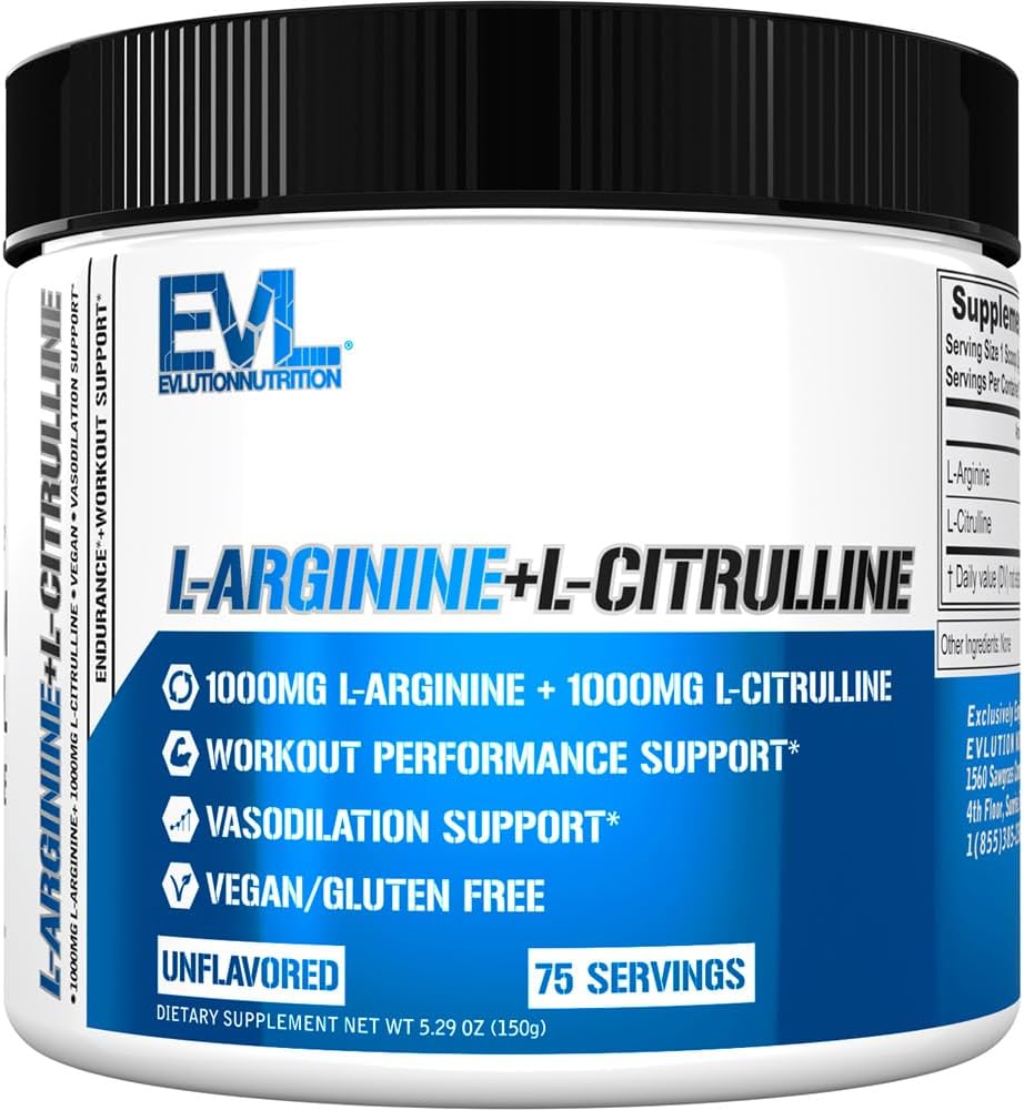 Evolution Nutrition L- Arginin + L- Citrullin - Endurance + workout Performance Supplement - 2000mg Complex - Vasodilation + nitrogenoxid Support - Vegan + Gluten Free Powder - 75 Serveringer