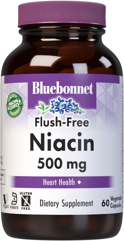 Bluebonnet Nutrition Flush- Free Niacin 500mg, for Nutritional Cardiovaskulær Support *, Soy- Free, Gluten- Free, Non- GMO, Kosher Certified, Dairy- Free, Vegan, 60 Vegetabilske kapsler, 60 Servering