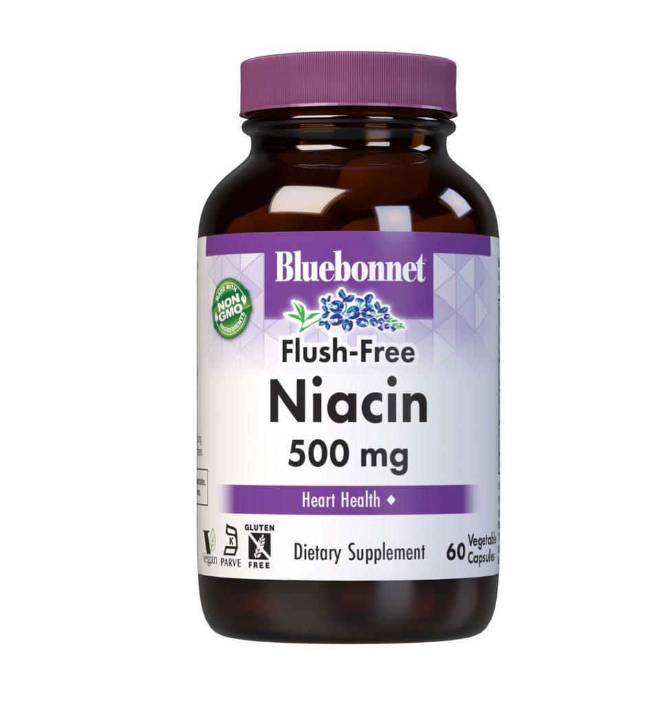Bluebonnet Nutrition Flush- Free Niacin 500mg, for Nutritional Cardiovaskulær Support *, Soy- Free, Gluten- Free, Non- GMO, Kosher Certified, Dairy- Free, Vegan, 60 Vegetabilske kapsler, 60 Servering