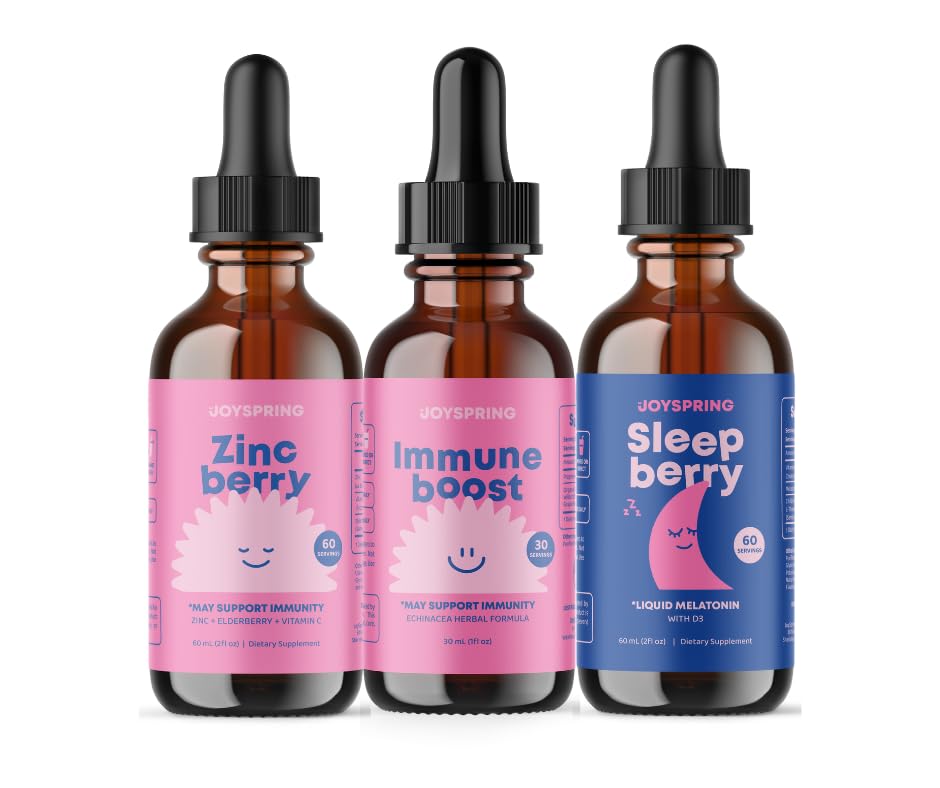 JoySpring Zink med C-vitamin Kosttilskud til børn, immunboost til et understøttet immunsystem, og Melatonin Drops til børn søvn support