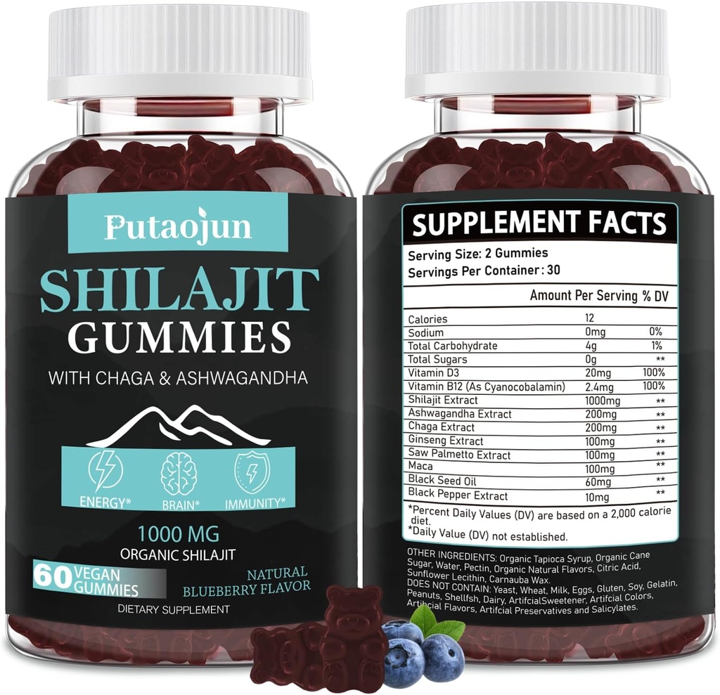 Shilajit for Man, Woman & Kid.Himalayan Gold Shilajit Gummies.1000mg Shilajit, 200mg Ashwagandha, 200mg Chaga, 100mg Ginseng, 100mg Saw Palmato, 60mg Black Seed Oil