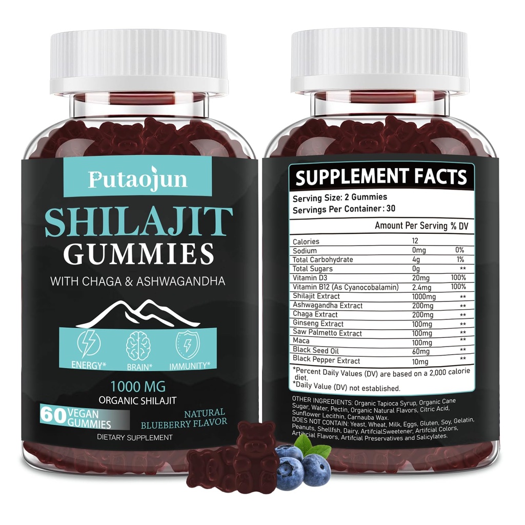 Shilajit for Man, Woman & Kid.Himalayan Gold Shilajit Gummies.1000mg Shilajit, 200mg Ashwagandha, 200mg Chaga, 100mg Ginseng, 100mg Saw Palmato, 60mg Black Seed Oil