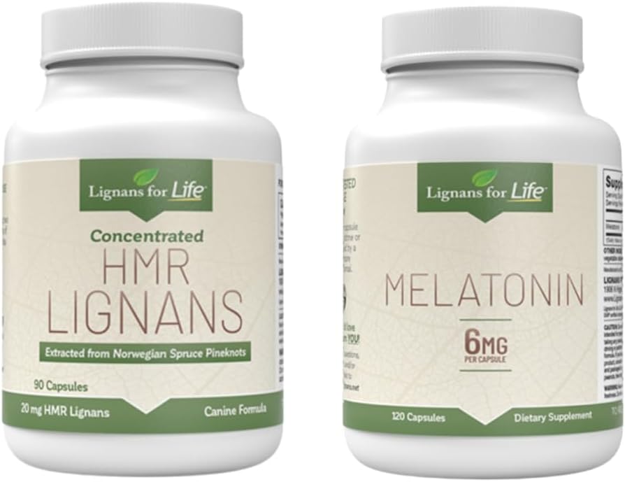 Lignans for Life Care Set Bundle - Natural Multivitamin HMR Lignans for Dogs 20mg, 90 Kapsler og Melatonin for Medium Breed Dogs 6mg, 120 Kapsler, Vitaminer for total sundhed