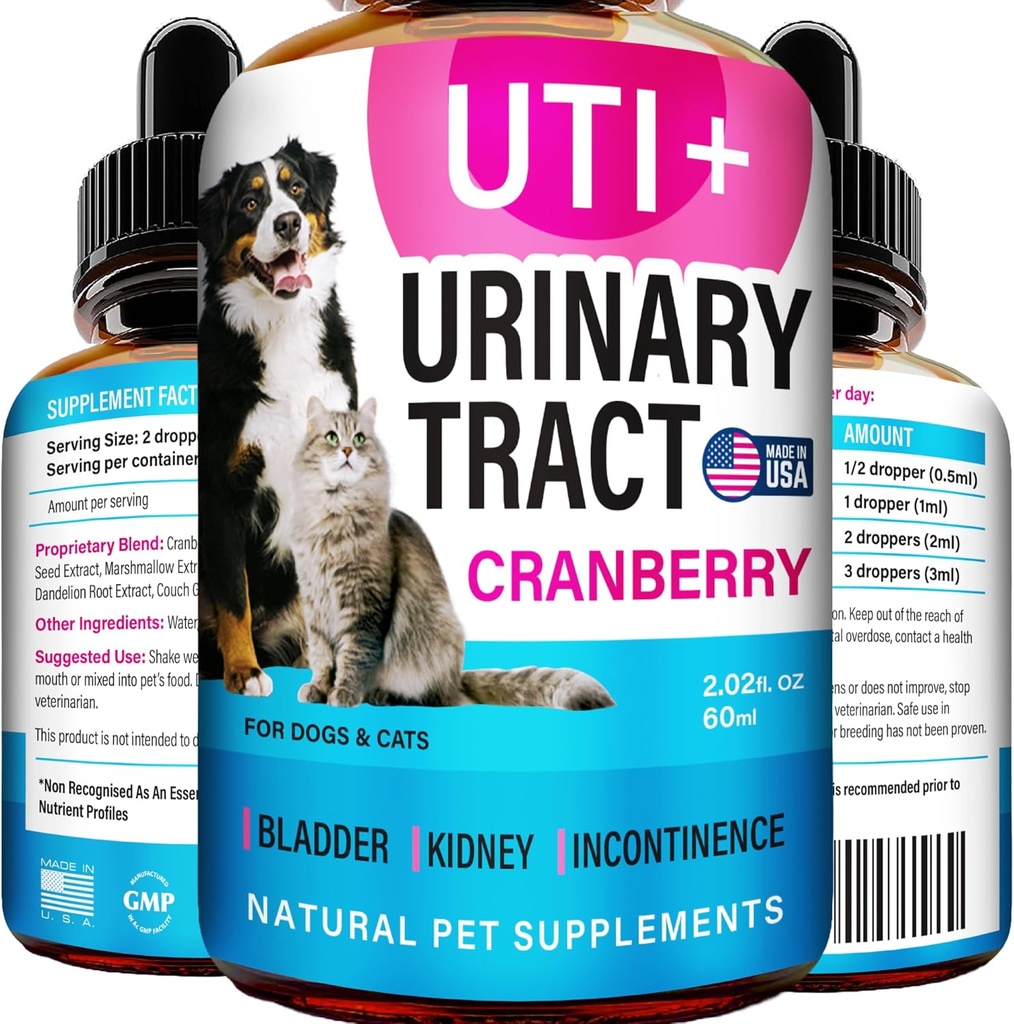 Cat & Dog UTI Treatment - UTI Medicine & Urinary Tract Infection Treatment for Kæledyr - Nyresupport - Bstige Kontrol for Hunde Inkontinens - Cat UTI Remedy - Cranberry Supplement - US Made - 2fl.oz