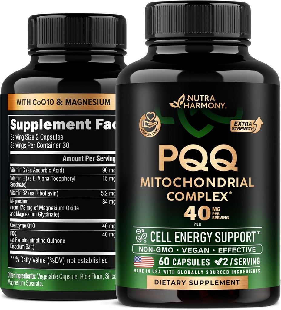 PQQ 40 mg - PQQ med CoQ10 Supplement - Mitokondria Biogenese & Cellular Energy Production - med Magnesium, Vitaminer C, E & B2 - Pure & Highly Bioavailable