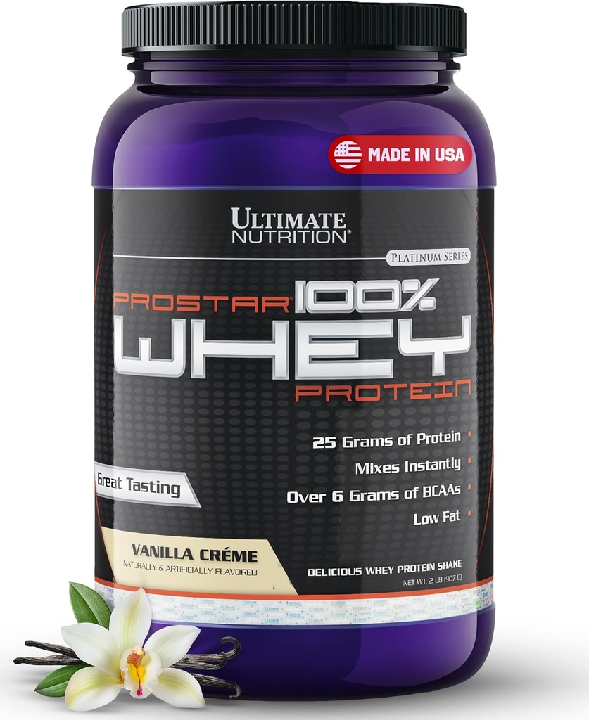Ultimate Nutrition Prostar Whey Protein Powder Isolate, Vanilla - Low Carb, High Protein Powder Shake for Muscle Gain & Recovery - Lavnatrium, Low- Fat & Keto Friendly - 2 lbs Tub