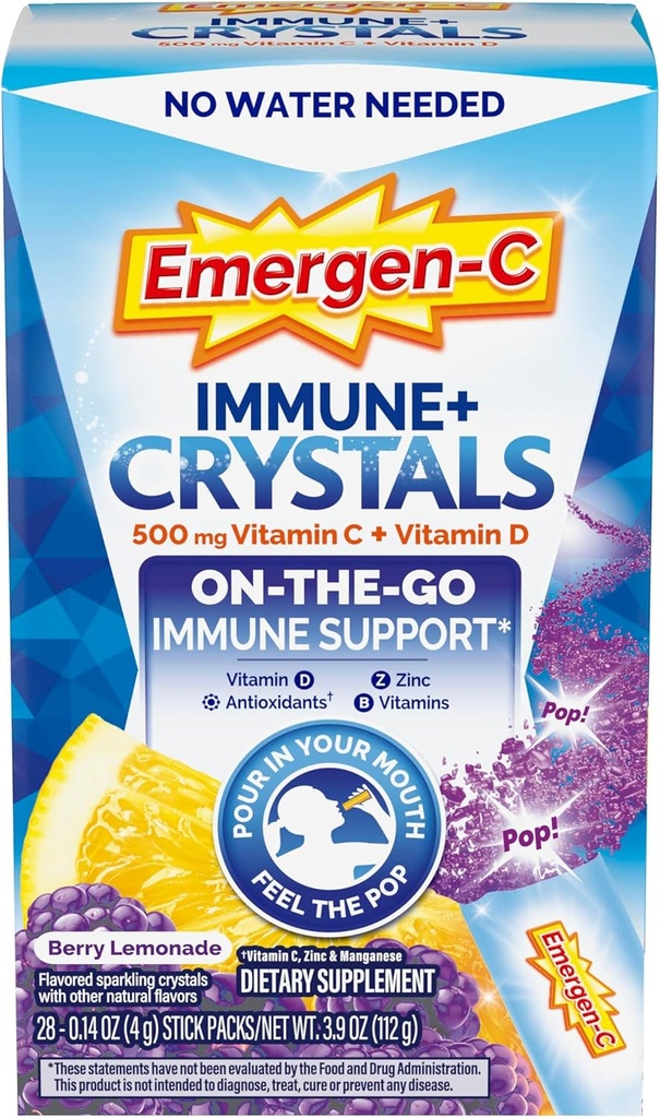 Emergen- C immunPlus krystaller, On- The- Go immunforsvar supplement med C-vitamin, D-vitamin, B-vitaminer, zink og mangan, Berry Lemonade, Tilbage til skolen Essentials - 28 Stick Packs