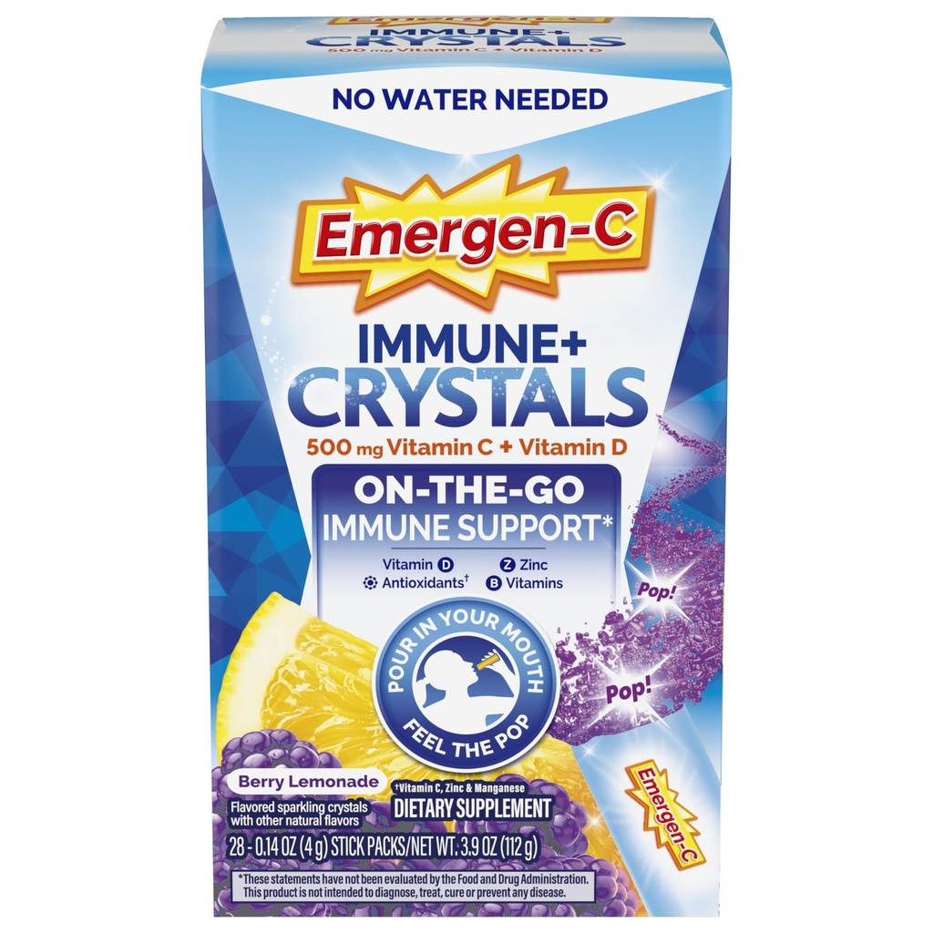 Emergen- C immunPlus krystaller, On- The- Go immunforsvar supplement med C-vitamin, D-vitamin, B-vitaminer, zink og mangan, Berry Lemonade, Tilbage til skolen Essentials - 28 Stick Packs