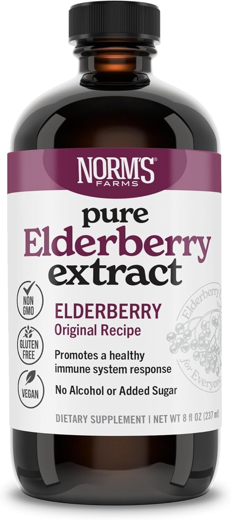 Norm 's Farms Pure Elderberry Extract - Lavet af Kun Elderberry i USA - Immun, Antioxidant Support, Ingen tilsat sukker, tilsætningsstoffer, Vegan, Gluten- Free, Non- GMO, Elderberry Tincture Alkohol Free - 8 Oz