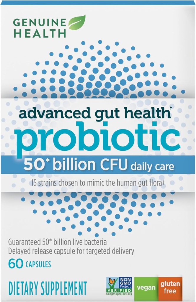 Ægte sundhed Probiotika, 50 Millioner CFU, Daily Care, 15 Diverse Stains, Soy Free, Gluten Free, Vegan Delayed- Release Capsules for Advanced Gut Health (60 Greve)