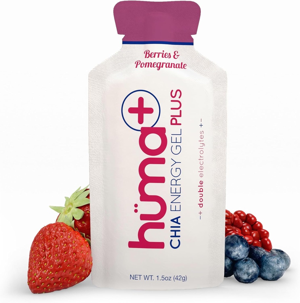 Huma Plus (Double Electrolytes) - Chia Energy Gel, Berries & Pomegranat, 12 Gels - Mave Friendly, Real Food Energy Gels