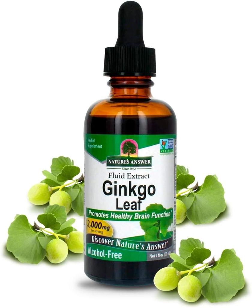 Naturens svar Alkohol- Free Ginkgo Leaf 2000mg 2oz Extract Name 124; Stimulerer Hukommelse, Mood & Koncentration