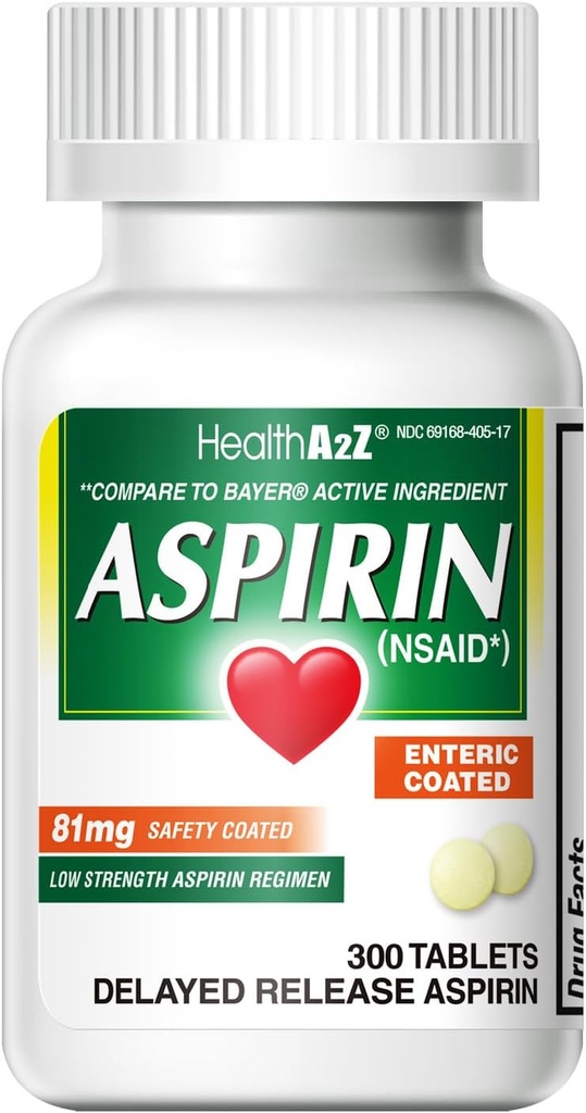 HealthA2Z ® Aspirin 81 mg 1 124; Lav styrke 1 124; Enteric Coated 1 124; Pain Relief 1 124; Reducerer mindre Aches Muskelsmerter & kramper 1 124; Feber Reducer 1 124; Reducerer hovedpine (300 tællinger)