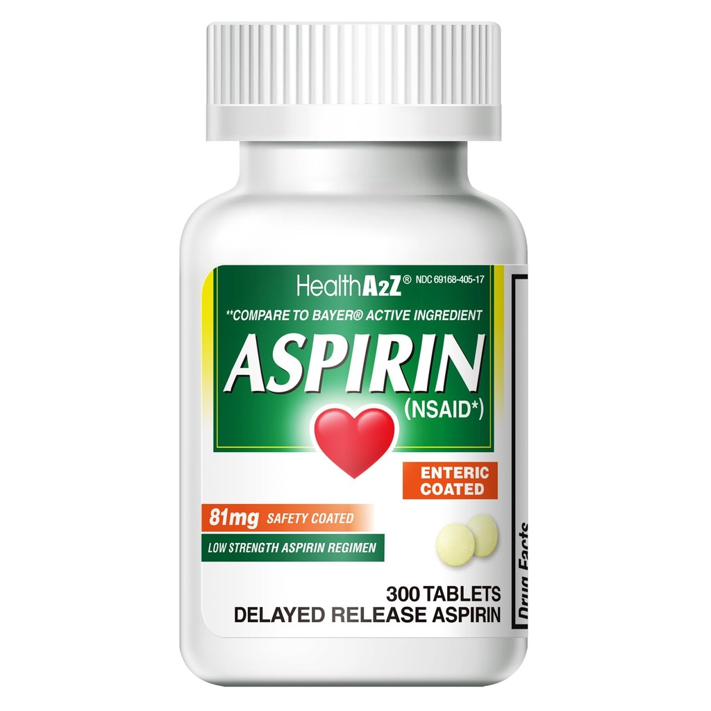 HealthA2Z ® Aspirin 81 mg 1 124; Lav styrke 1 124; Enteric Coated 1 124; Pain Relief 1 124; Reducerer mindre Aches Muskelsmerter & kramper 1 124; Feber Reducer 1 124; Reducerer hovedpine (300 tællinger)