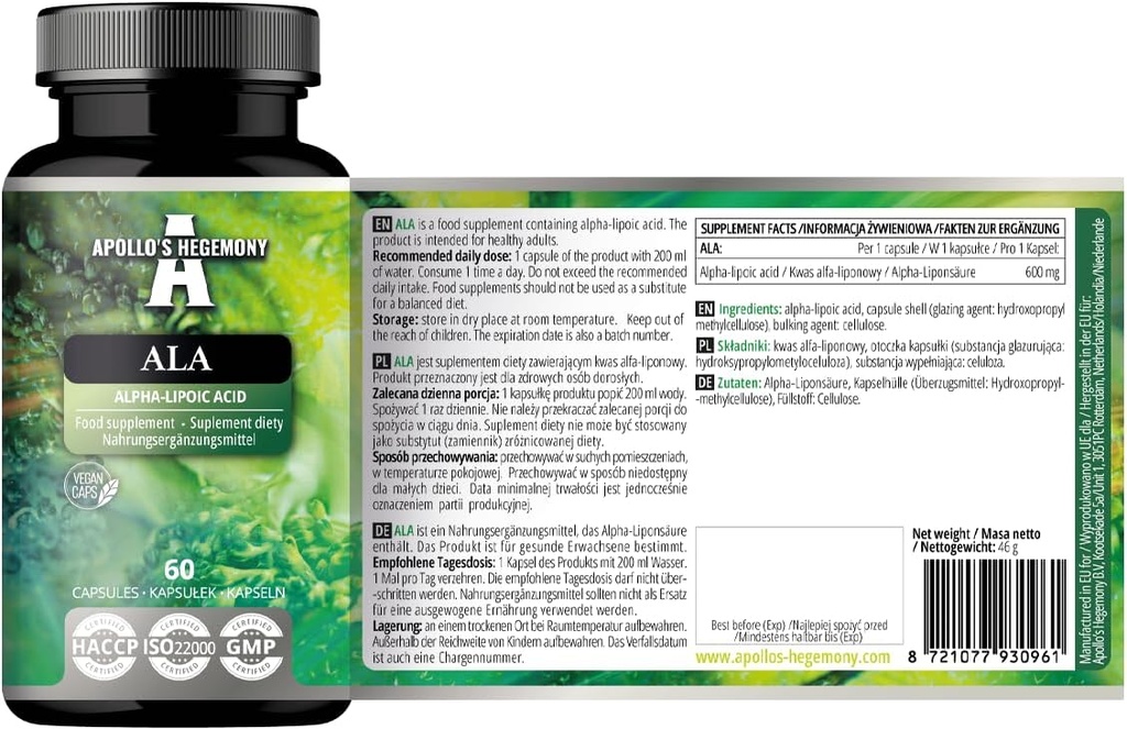 APOLLO 'S HEGEMONY ALA (Alpha Lipoic Acid) 600 mg - 60 Vegankapsler - Optimerer Glucose Management - Understøtter Mitochondrial Health - Two Month Supply