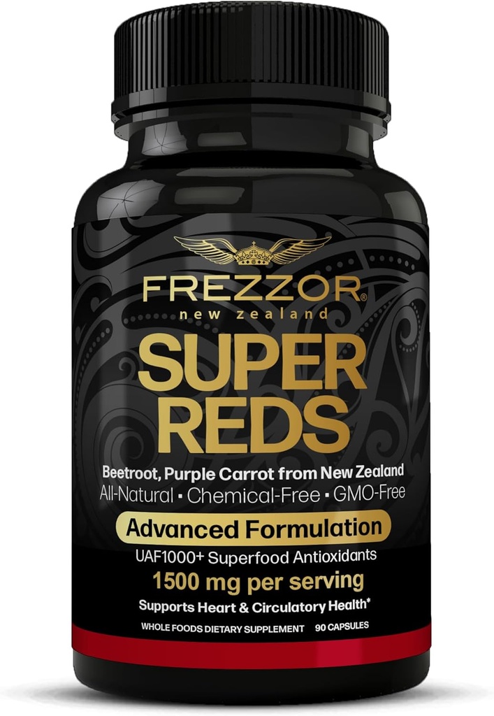 FREZZOR Super Reds kapsler med UAF1000 +, All- Natural New Zealand Red Superfood Energy, Essential Red Fruits Veggies & Beets, Antioxidanter, Enzymes, Energitilskud, 90 Kapsler, 1 flaske