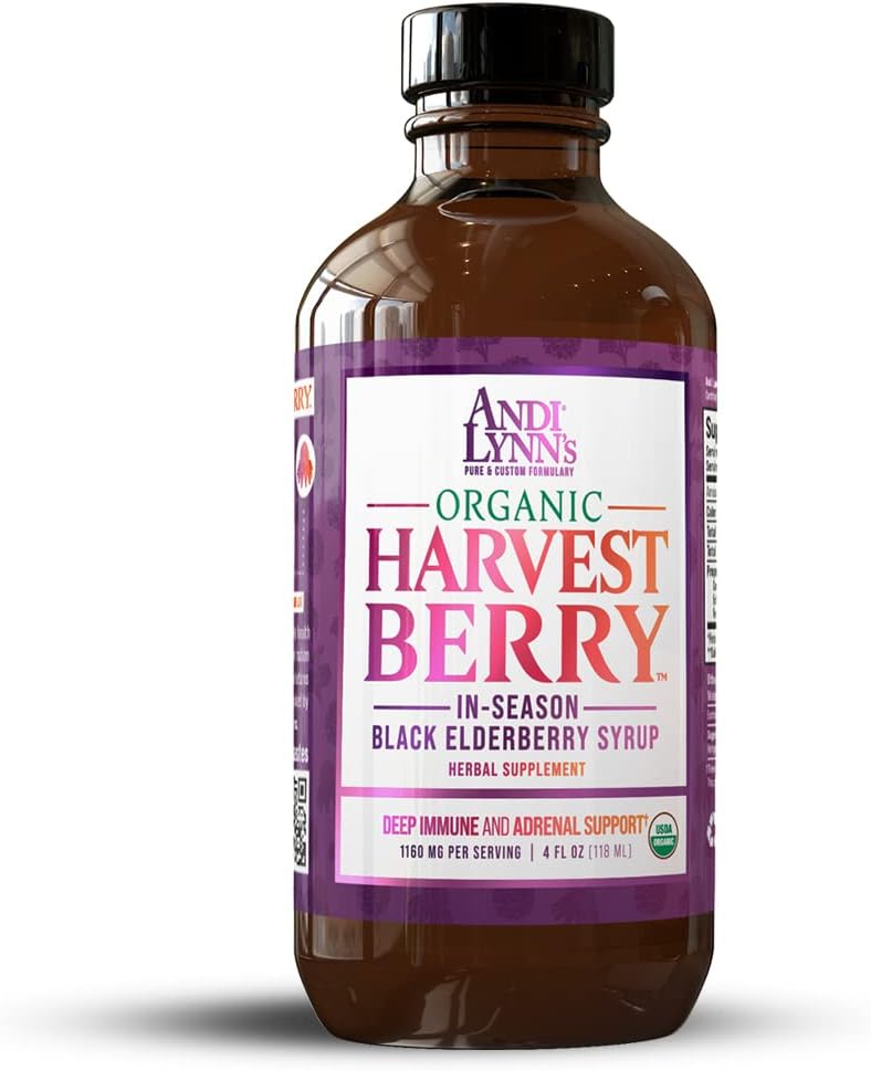 Andi Lynns Organic Harvest Berry Syrup til børn og voksne - Real Honey Elderberry Syrup til immunforsvar - Therapeutic Formel - 4 Fl. Oz (pakke med 1)