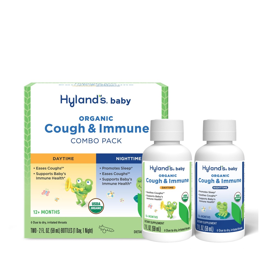 Hyland 's Baby Organic Hough Syrup og immunforsvar Dag og nat Combo Pack, Eases hoste, Understøtter Immunitet, Promoces Sleep, To 2 Fl Oz. Flasker (4 fl oz)