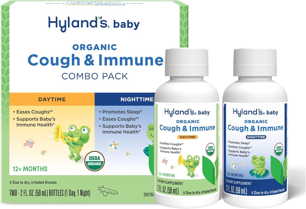Hyland 's Baby Organic Hough Syrup og immunforsvar Dag og nat Combo Pack, Eases hoste, Understøtter Immunitet, Promoces Sleep, To 2 Fl Oz. Flasker (4 fl oz)